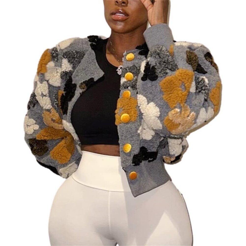 Chic Women's Cropped Floral Fleece Bomber Jacket With Puff Sleeves - Grey-Large